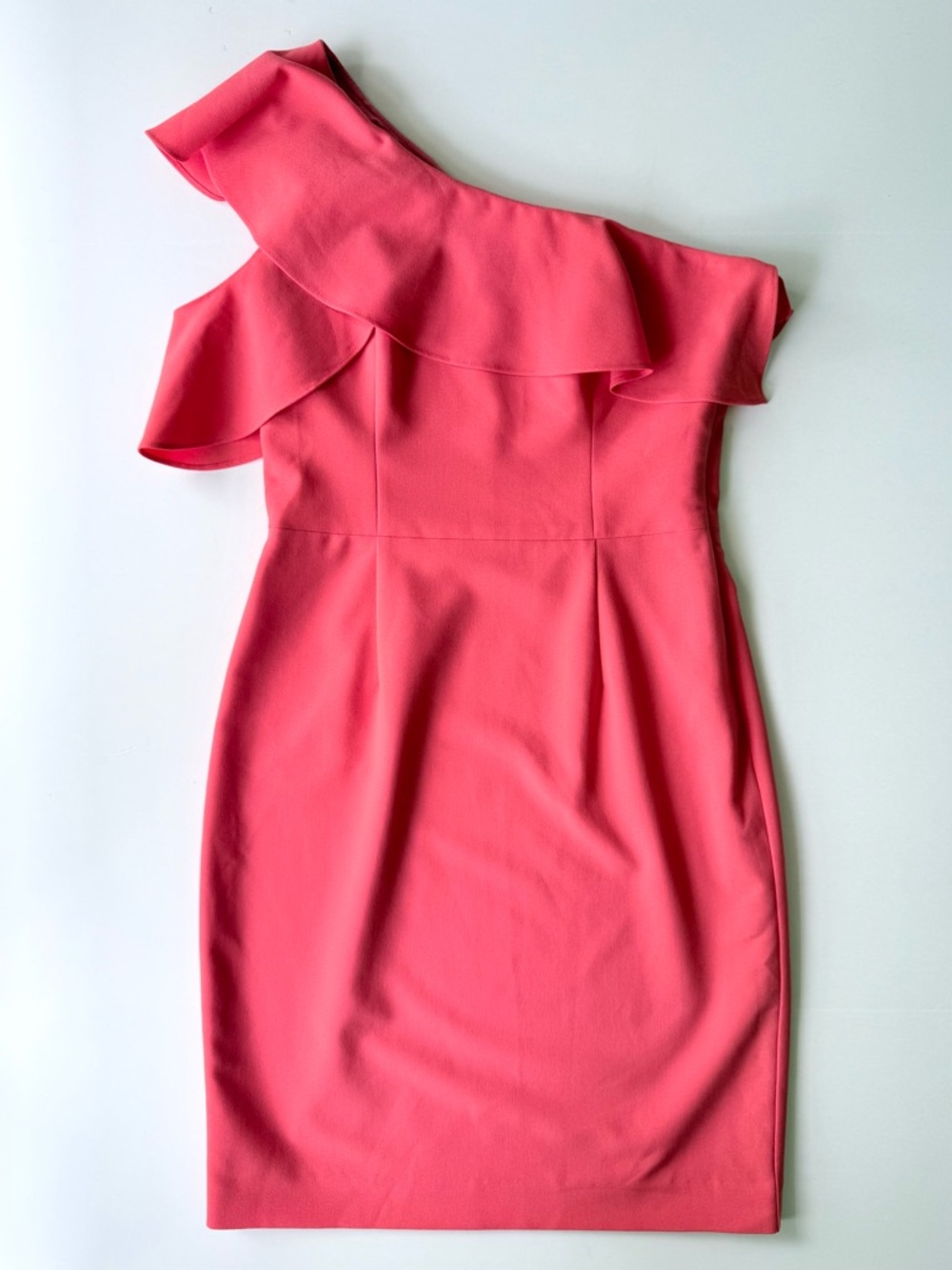 Black Halo Kimora One-Shoulder Ruffle Midi Sheath Dress in Coral Size 6